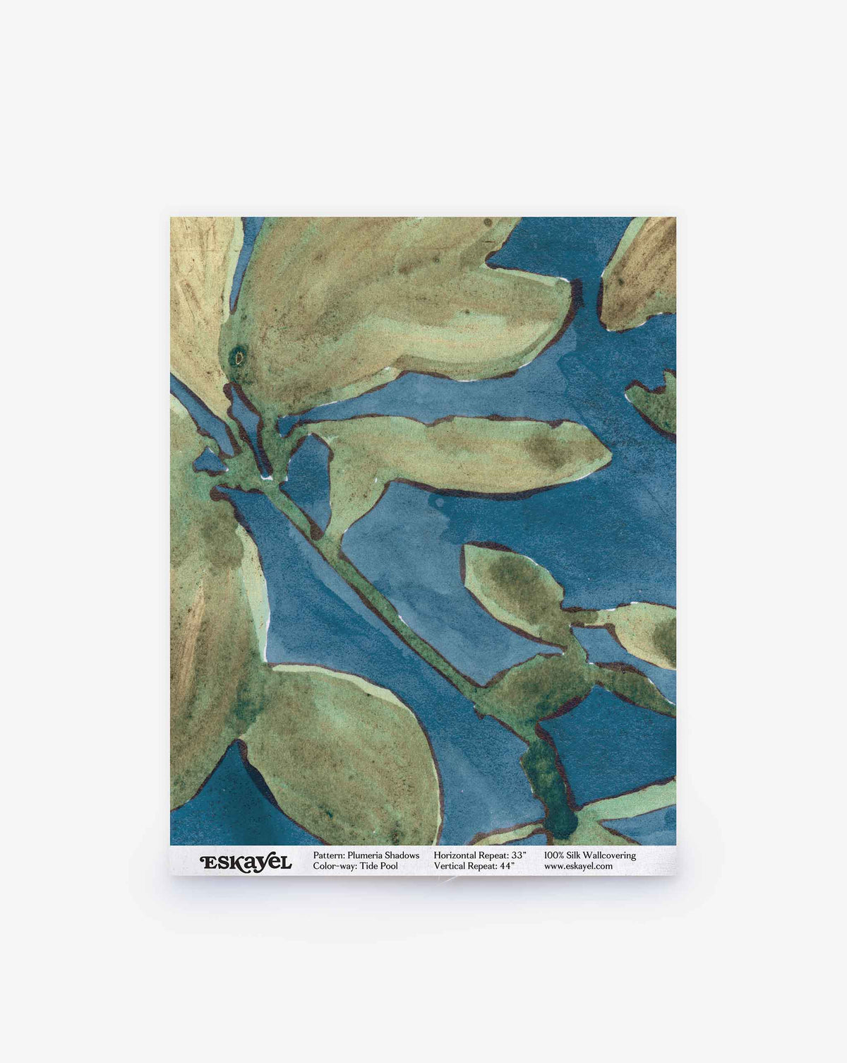 Plumeria Shadows Silk Wallcovering in Tide Pool showcases abstract blue and green watercolor leaf motifs that capture the lush ambiance of tropical wallpaper, with pattern details and product information labeled at the bottom.