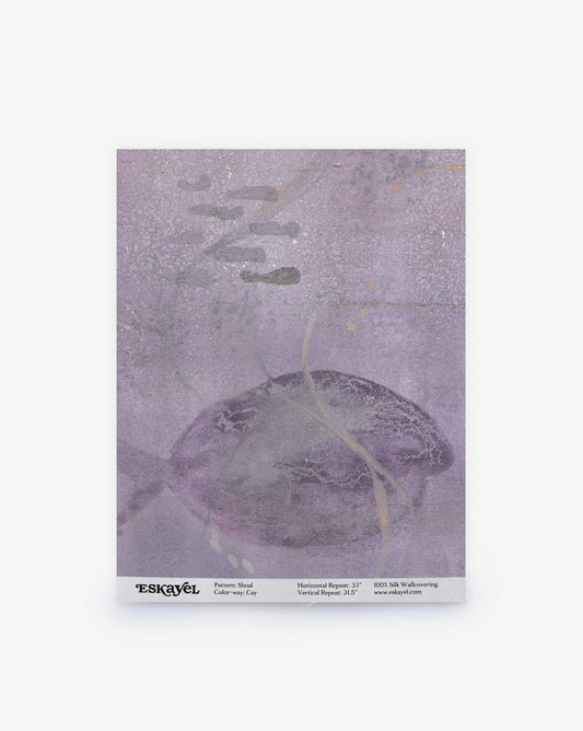 A swatch of Eskayel’s Shoal pattern on paper backed silk wallpaper in the colorway Cay with its purple hues.