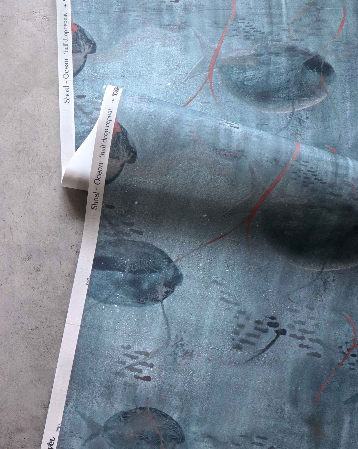 A detailed shot of Eskayel’s Shoal wallpaper in Ocean with its blue palette.