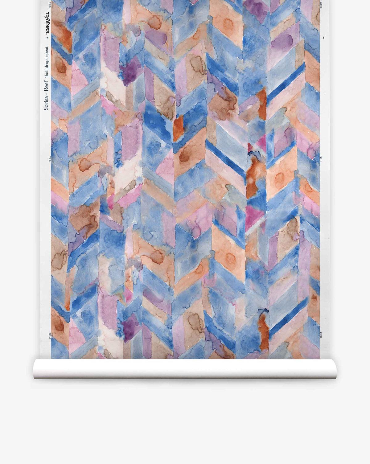 The Sorisa Silk Wallcovering||Reef features a vibrant abstract chevron pattern in blue, purple, pink, and orange watercolor tones.