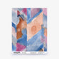Abstract watercolor painting with geometric shapes in blue, pink, and orange. Features artisanal details on Sorisa Silk Wallcovering||Reef, with pattern and website info.