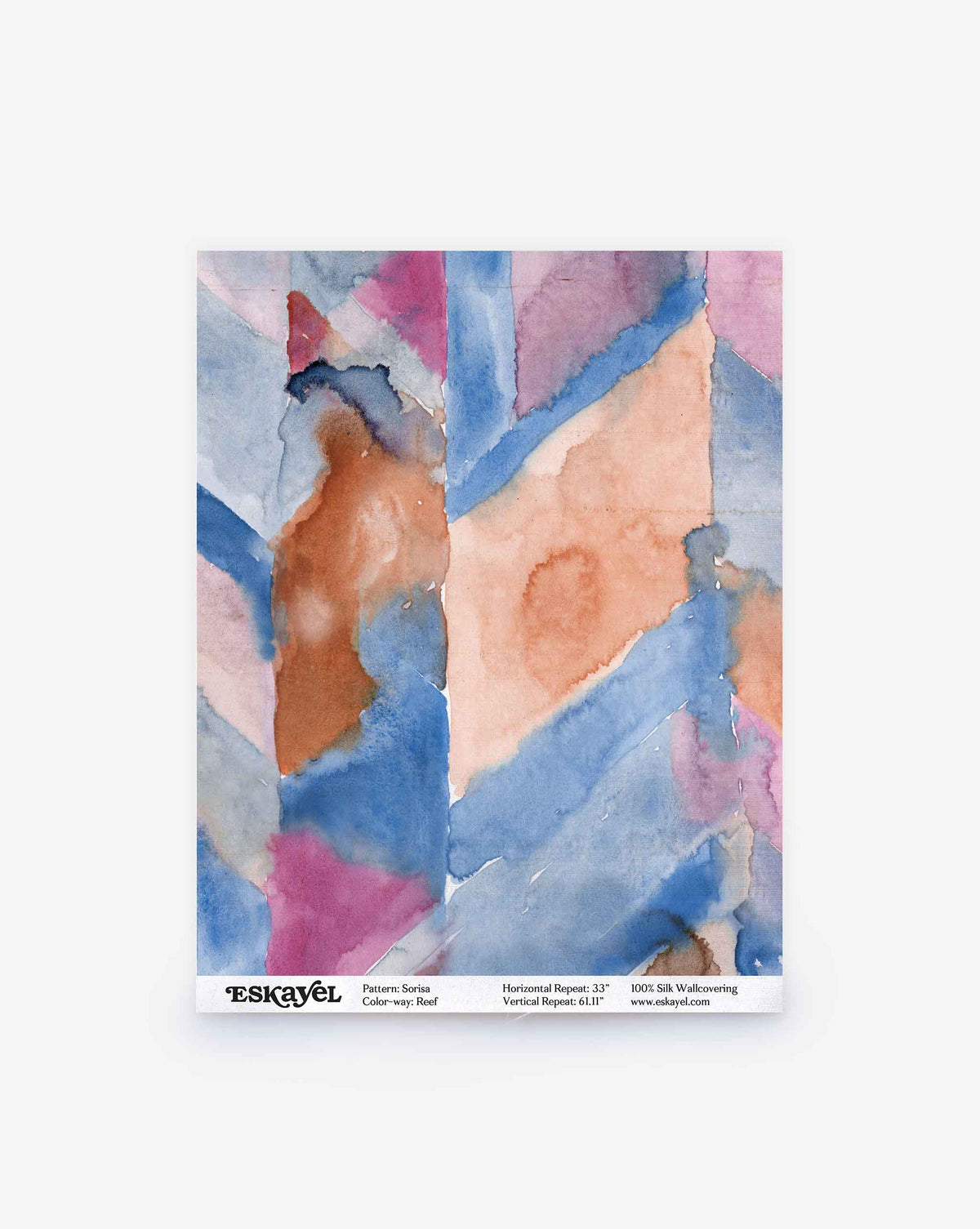 Abstract watercolor painting with geometric shapes in blue, pink, and orange. Features artisanal details on Sorisa Silk Wallcovering||Reef, with pattern and website info.