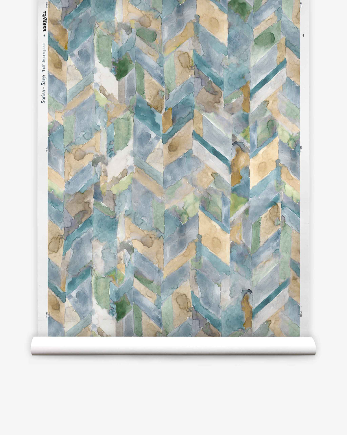 Sorisa Silk Wallcovering||Sage features a repeating geometric chevron design in blue, green, beige, and gray for a modern artistic touch.