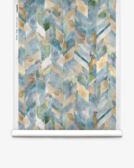 Sorisa Silk Wallcovering||Sage features a repeating geometric chevron design in blue, green, beige, and gray for a modern artistic touch.