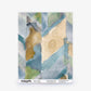 Abstract watercolor chevron in blue, green, beige, and gray with torn paper effect; sample labeled “Sorisa Silk Wallcovering||Sage” plus pattern and material info.