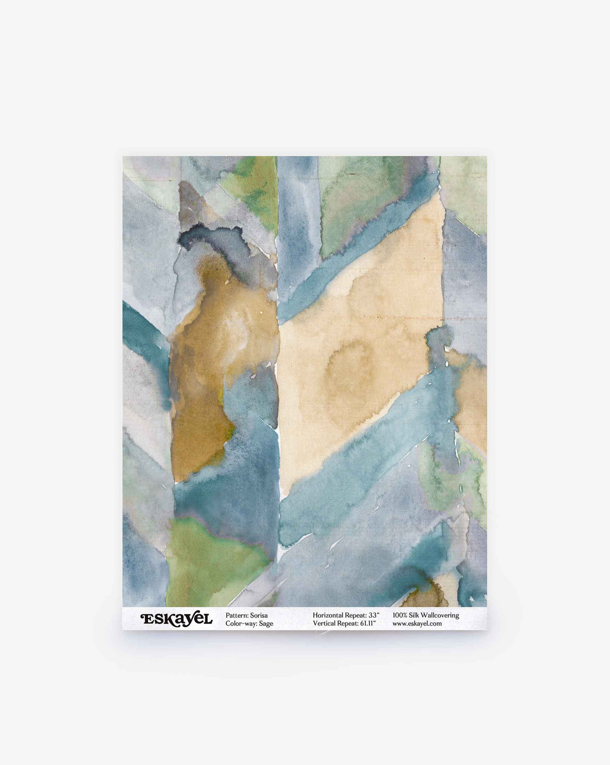 Abstract watercolor chevron in blue, green, beige, and gray with torn paper effect; sample labeled “Sorisa Silk Wallcovering||Sage” plus pattern and material info.