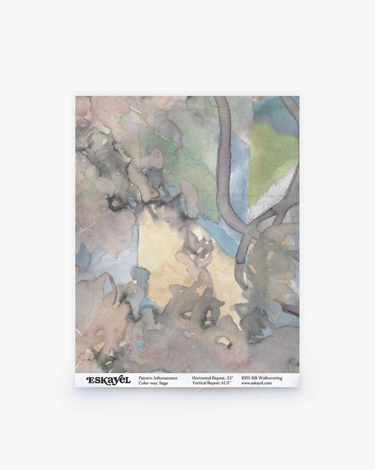 A rectangular swatch of Inflorescence Silk Wallcovering||Sage in watercolor-style greens, browns, and blues, with product info printed at the bottom.