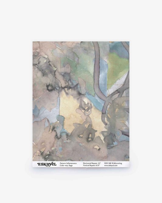 A rectangular swatch of Inflorescence Silk Wallcovering||Sage in watercolor-style greens, browns, and blues, with product info printed at the bottom.