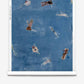 Swim Silk Wallcovering in Lake features a whimsical wallpaper pattern of people swimming and floating on pool rafts in blue water.