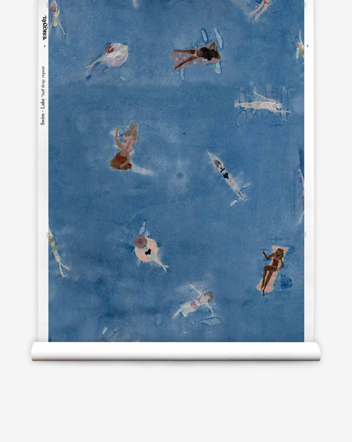 Swim Silk Wallcovering in Lake features a whimsical wallpaper pattern of people swimming and floating on pool rafts in blue water.