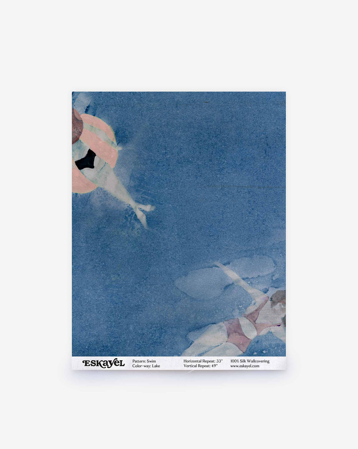 Watercolor illustration of two people swimming in blue water viewed from above in the Swim Silk Wallcovering|Lake pattern.