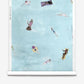 Swim Silk Wallcovering in Sea features whimsical wallpaper with an illustration of people swimming and floating in light blue water.