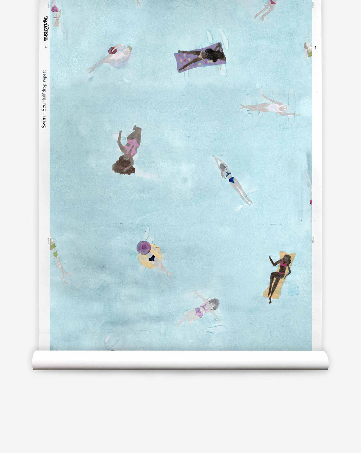 Swim Silk Wallcovering in Sea features whimsical wallpaper with an illustration of people swimming and floating in light blue water.