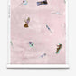 Swim Silk Wallcovering in Shell, a whimsical wallpaper featuring an illustration of people swimming and lounging on pink water.
