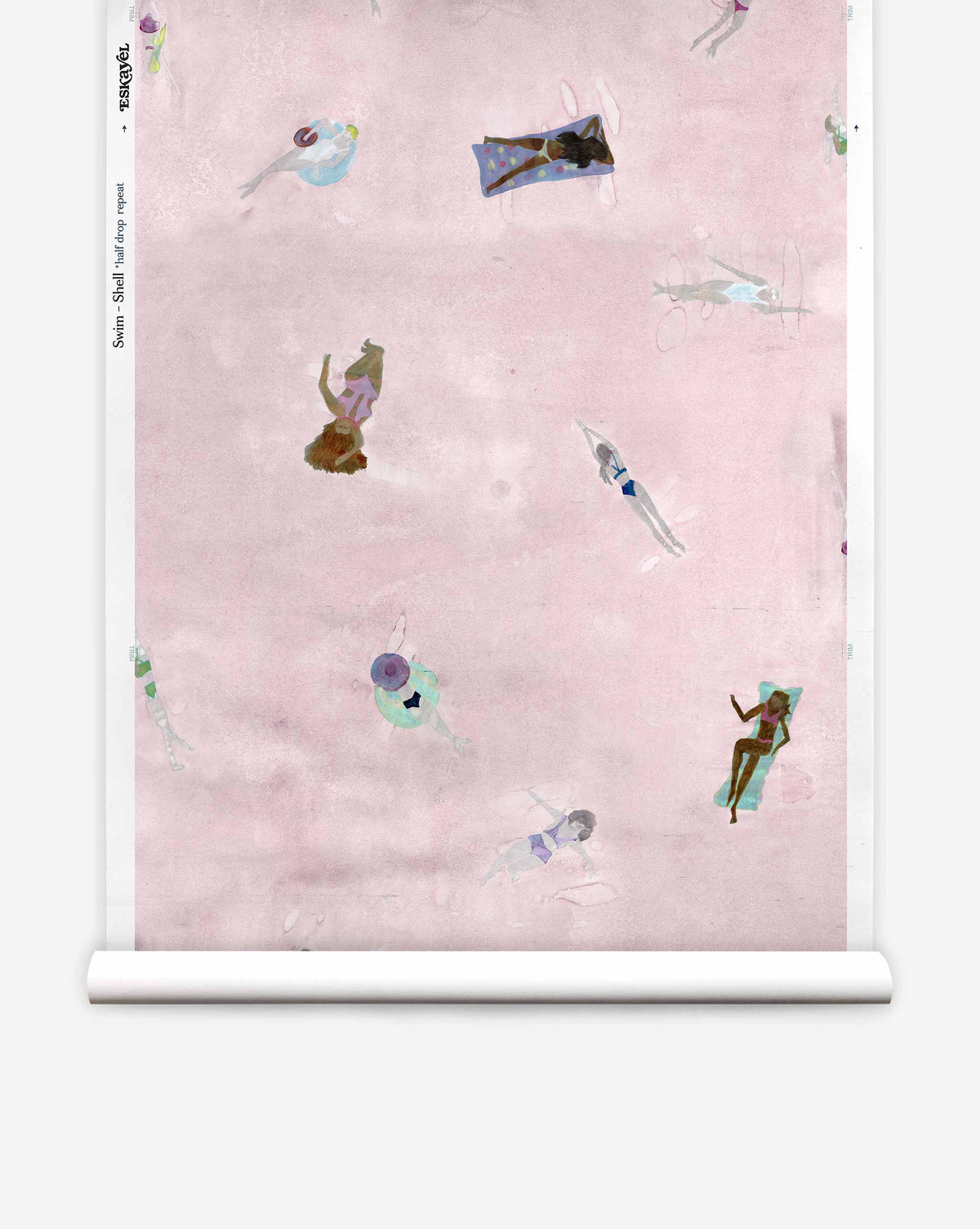 Swim Silk Wallcovering in Shell, a whimsical wallpaper featuring an illustration of people swimming and lounging on pink water.