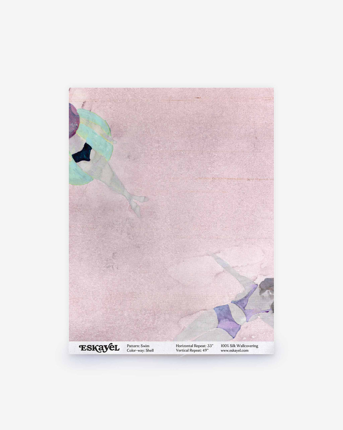 A sample of Swim Silk Sample||Shell pale pink wallpaper featuring an abstract watercolor print of figures swimming in blue and purple swimwear.