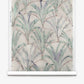 Travelers Palm Silk Wallcovering in Dusk, featuring a watercolor biophilic pattern of green and purple palm fronds over faint, overlapping arched lines on a silk background.