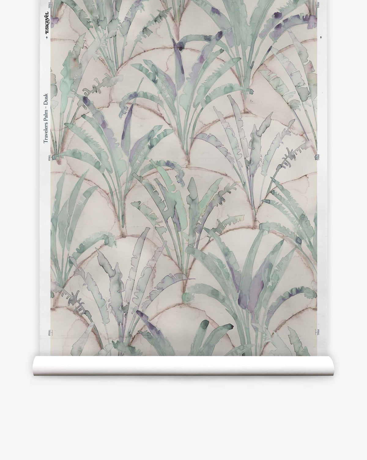 Travelers Palm Silk Wallcovering in Dusk, featuring a watercolor biophilic pattern of green and purple palm fronds over faint, overlapping arched lines on a silk background.