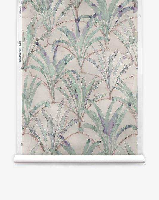 Travelers Palm Silk Wallcovering in Dusk, featuring a watercolor biophilic pattern of green and purple palm fronds over faint, overlapping arched lines on a silk background.