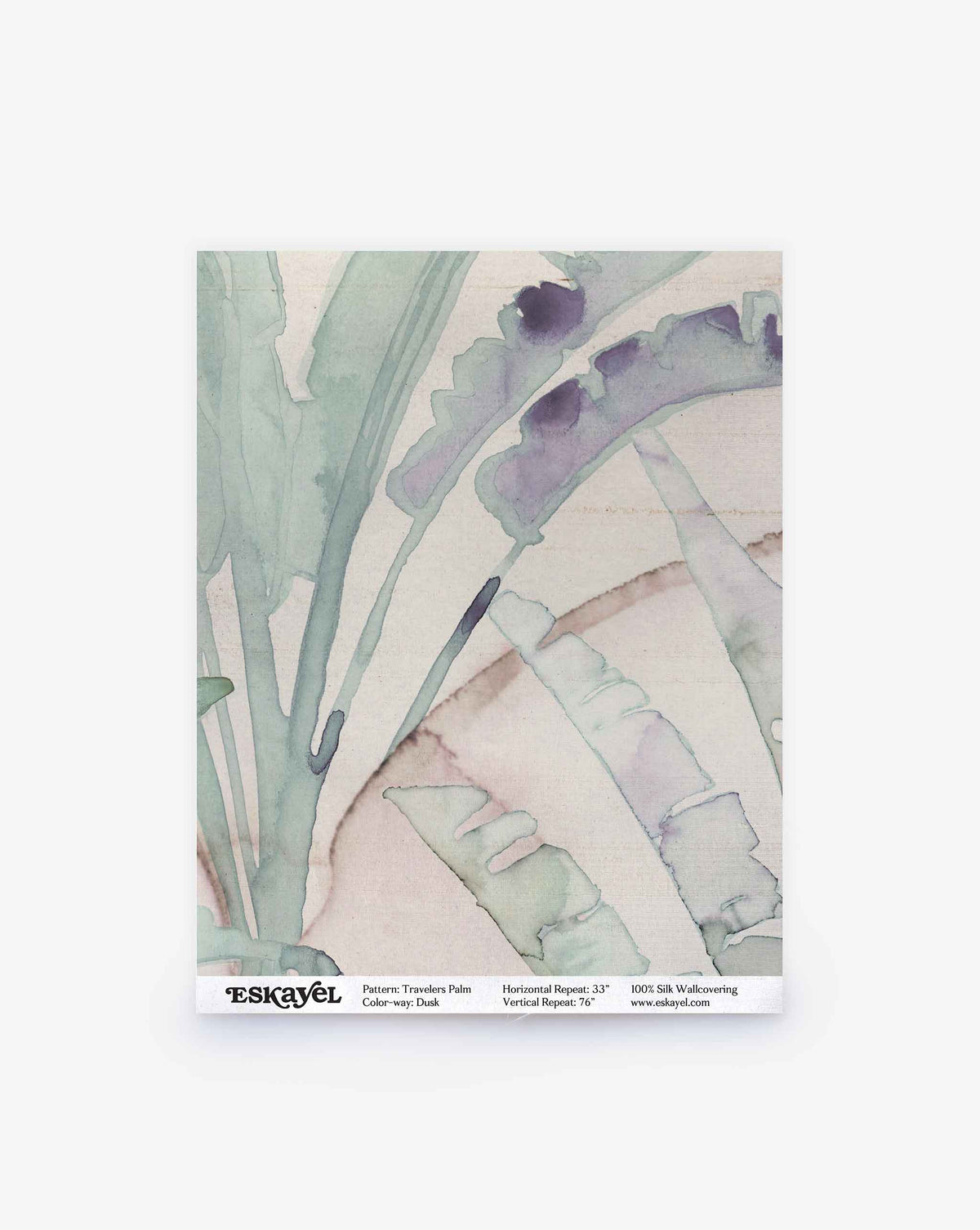 Watercolor painting of Travelers Palm Silk Sample||Dusk featuring palm leaves in shades of green and purple on a light background; order sample available.