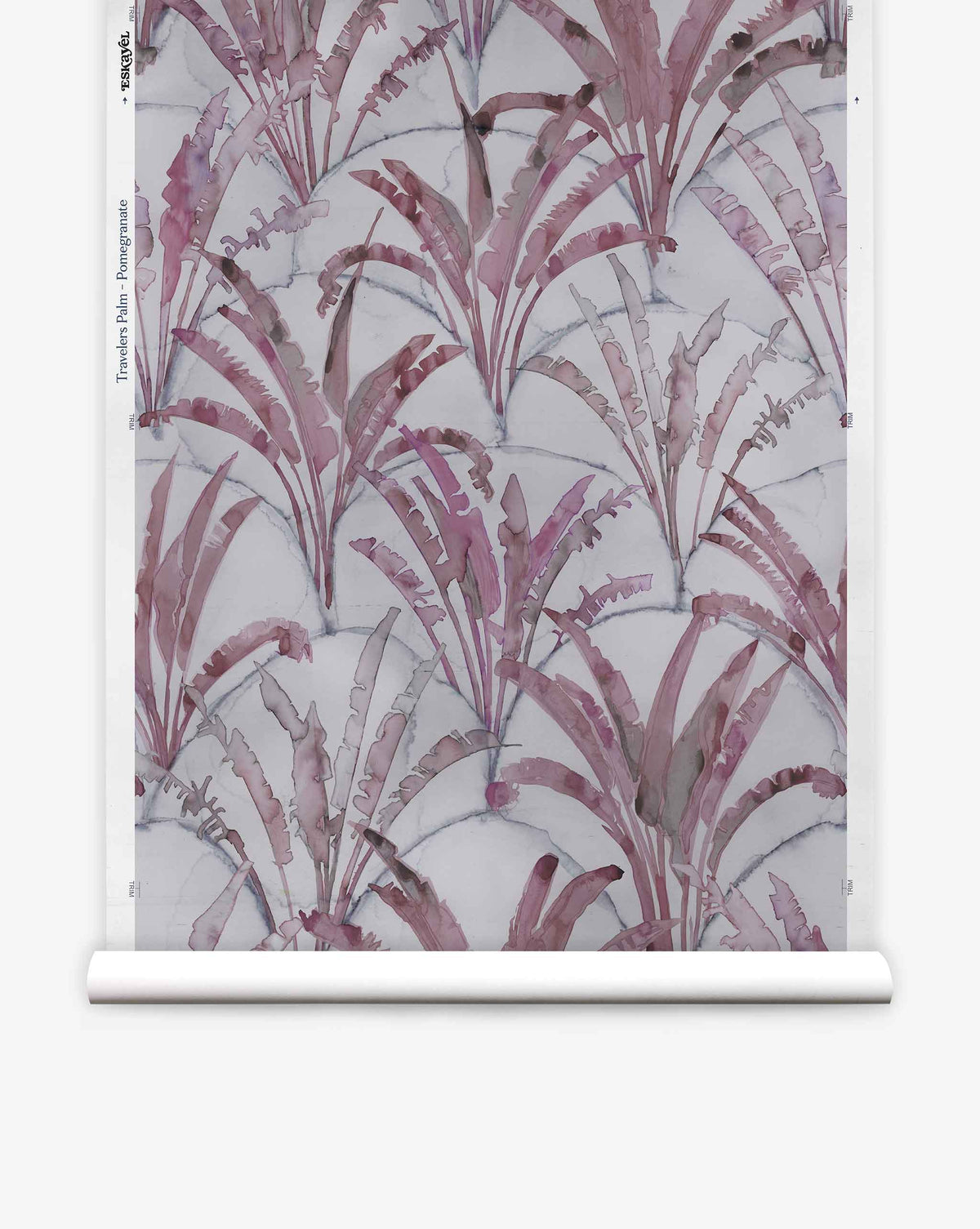 Travelers Palm Silk Wallcovering in Pomegranate features a biophilic pattern of watercolor-style purple palm plants layered over gray arched lines.