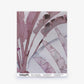 A rectangular sample of Travelers Palm Silk Sample||Pomegranate wallcovering featuring a watercolor palm leaf pattern in pomegranate and grey, with technical details and an order link at the bottom.