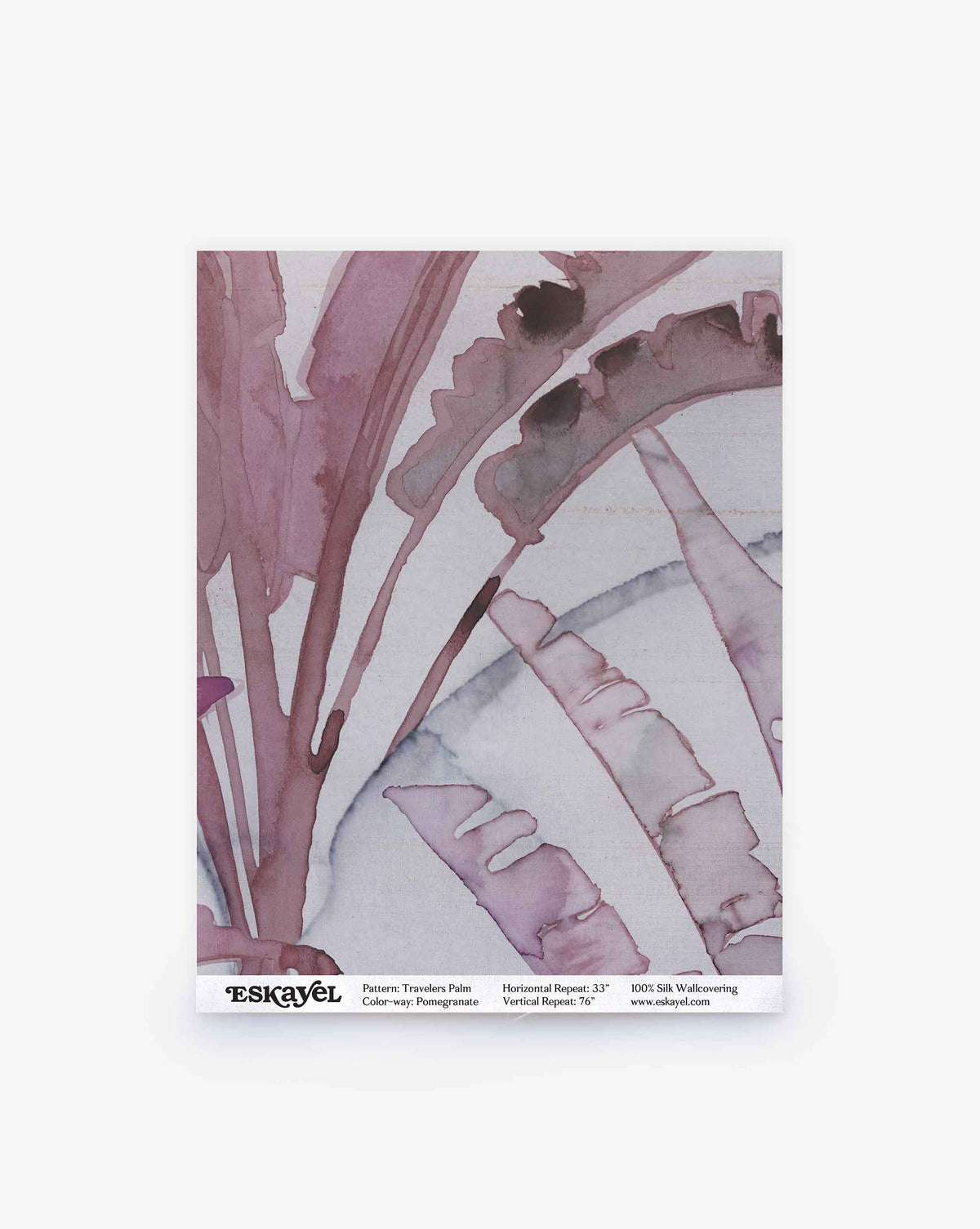 A rectangular sample of Travelers Palm Silk Sample||Pomegranate wallcovering featuring a watercolor palm leaf pattern in pomegranate and grey, with technical details and an order link at the bottom.