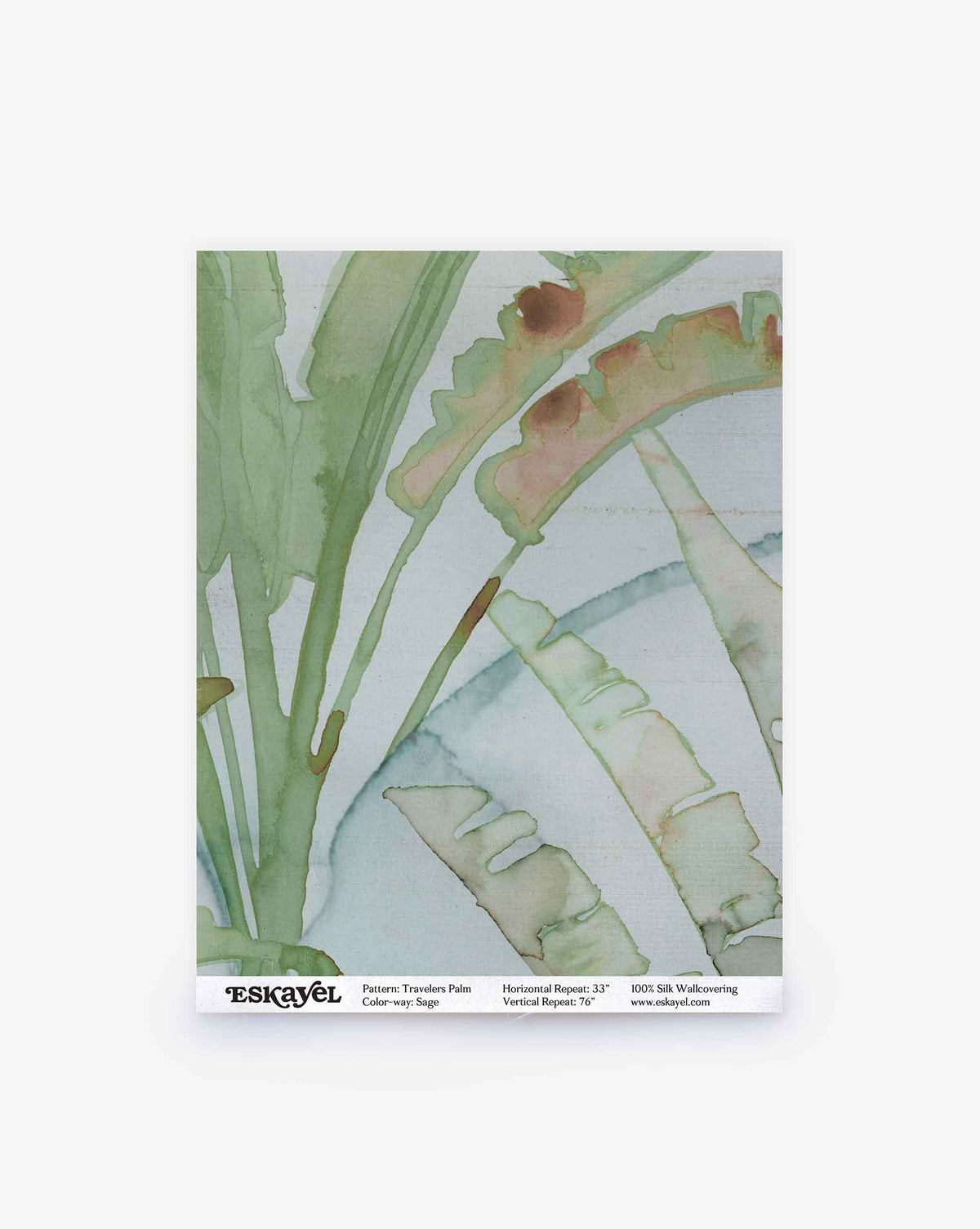 Watercolor illustration of Travelers Palm Silk Sample||Sage palm leaves in shades of green and brown against a light background.
