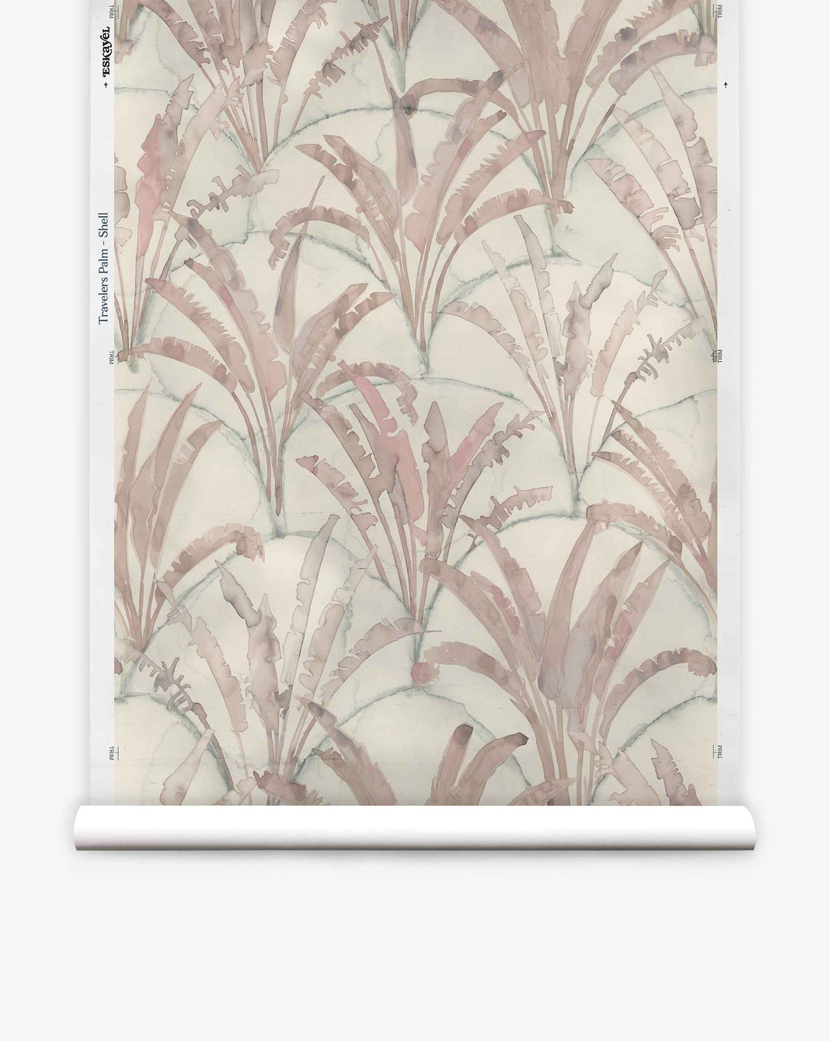 Travelers Palm Silk Wallcovering in Shell, featuring a repeating biophilic pattern of pale pink palm plants layered over soft, arched lines in a watercolor style.
