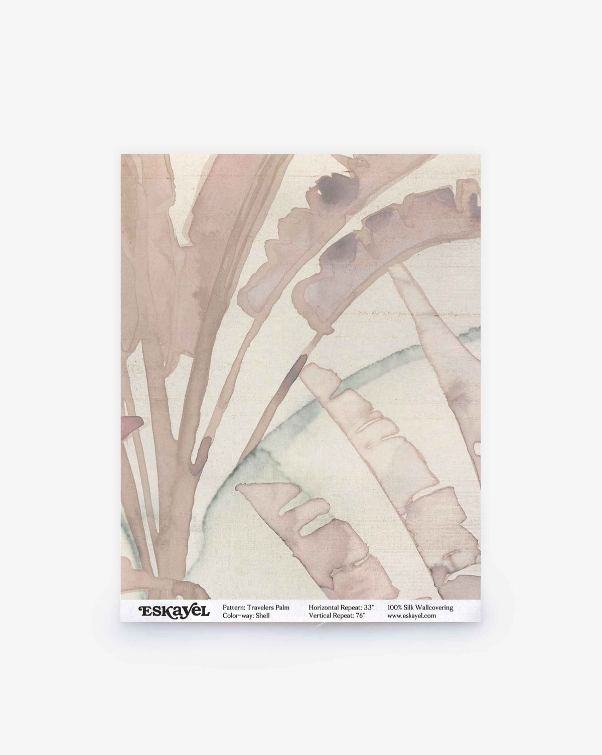 Travelers Palm Silk Sample in Shell shown as a rectangular sample card featuring a watercolor-style pattern of palm fronds in muted neutral and purple tones.