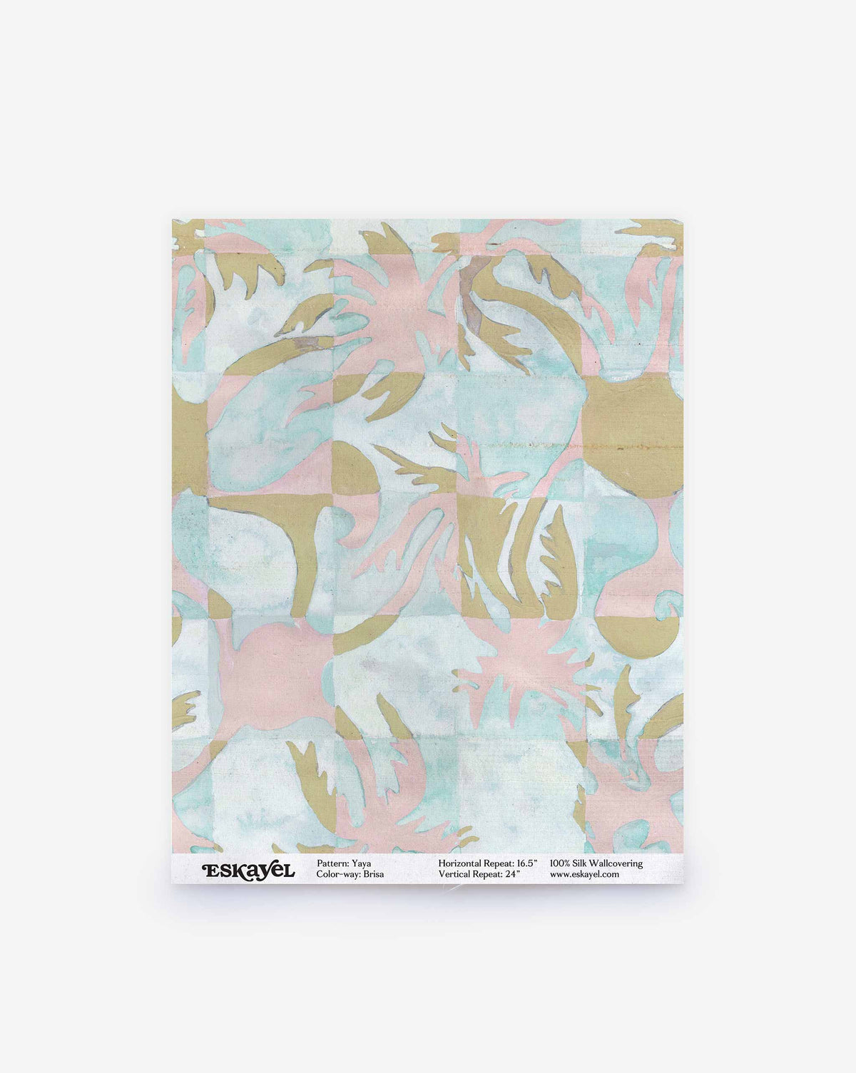 Yaya Silk Sample in Brisa featuring a grid of squares filled with a stylized, multi-colored leaf pattern in blue, pink, and gold; click to order sample.