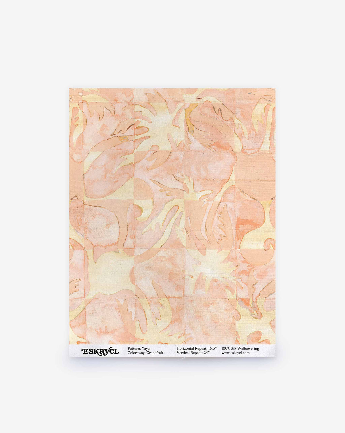 Yaya Silk Sample in Grapefruit, a coral and peach abstract watercolor wallcovering with geometric tiling; order a sample to see the pattern.