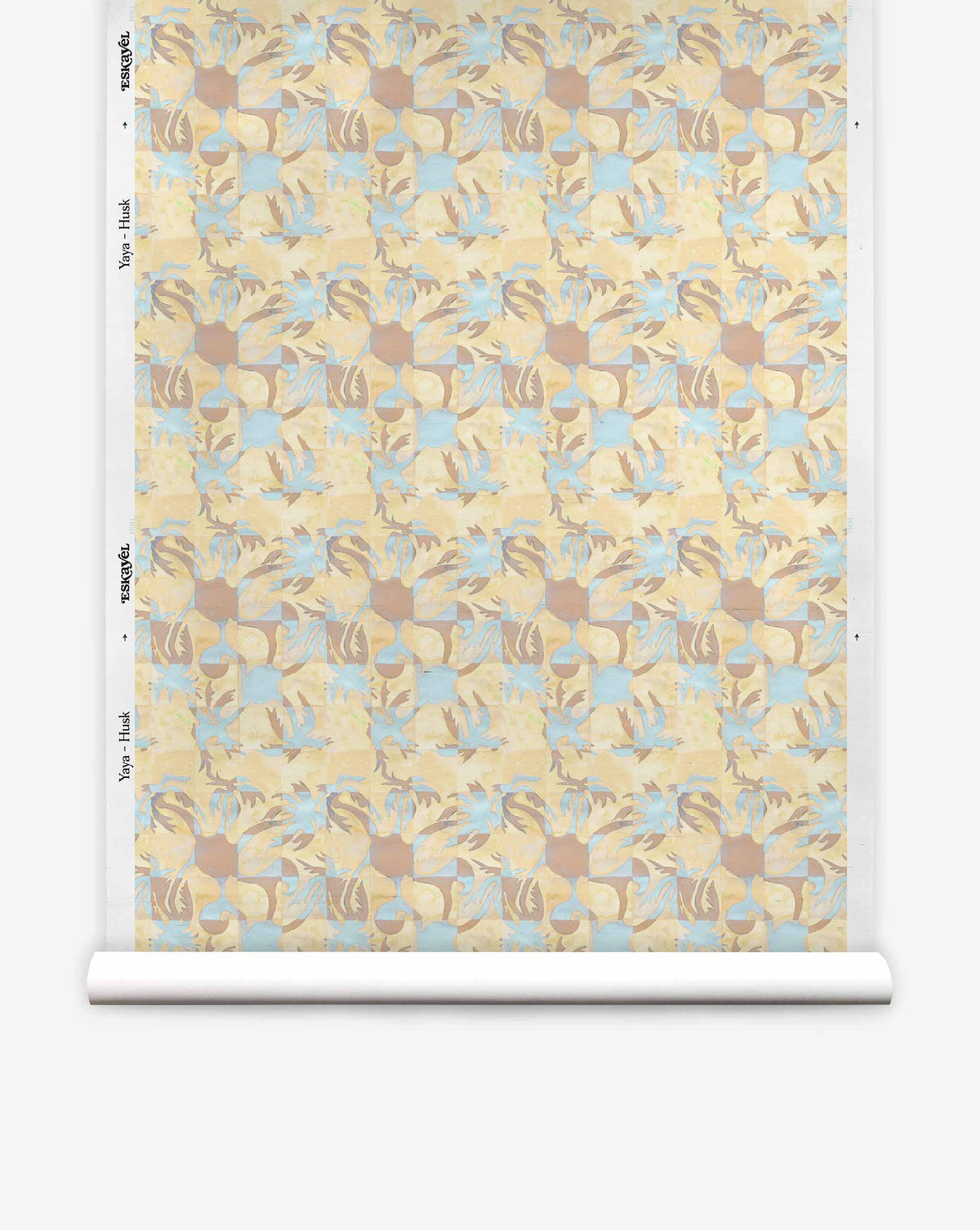 Roll of Yaya Silk Wallcovering in Husk, featuring a paper-backed silk design with a repeating geometric pattern of beige, brown, and light blue shapes.