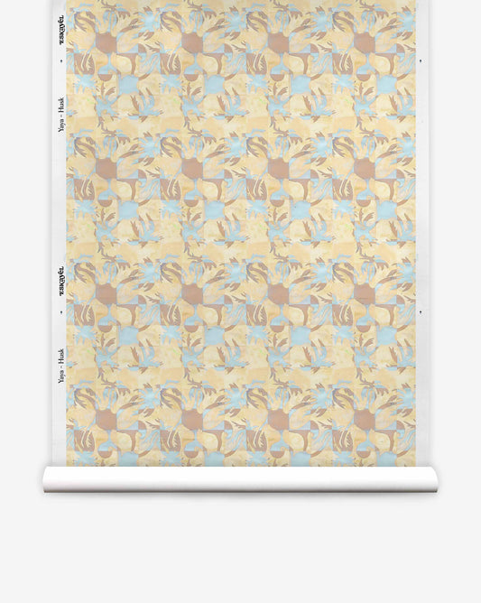 Roll of Yaya Silk Wallcovering in Husk, featuring a paper-backed silk design with a repeating geometric pattern of beige, brown, and light blue shapes.