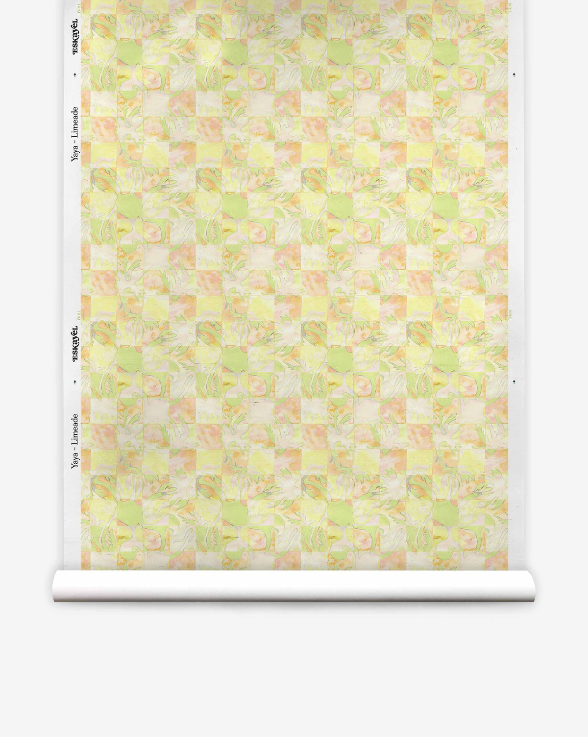 Yaya Silk Wallcovering in Limeade featuring a repeating checkered pattern of soft yellow, peach, and green abstract floral aquarelle designs.
