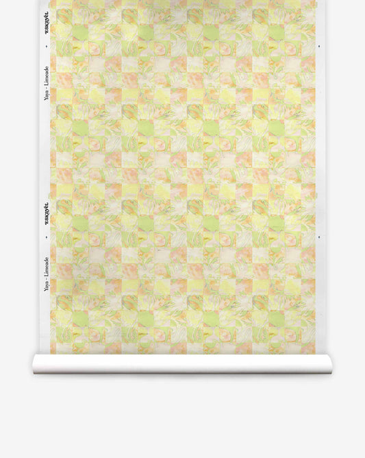 Yaya Silk Wallcovering in Limeade featuring a repeating checkered pattern of soft yellow, peach, and green abstract floral aquarelle designs.