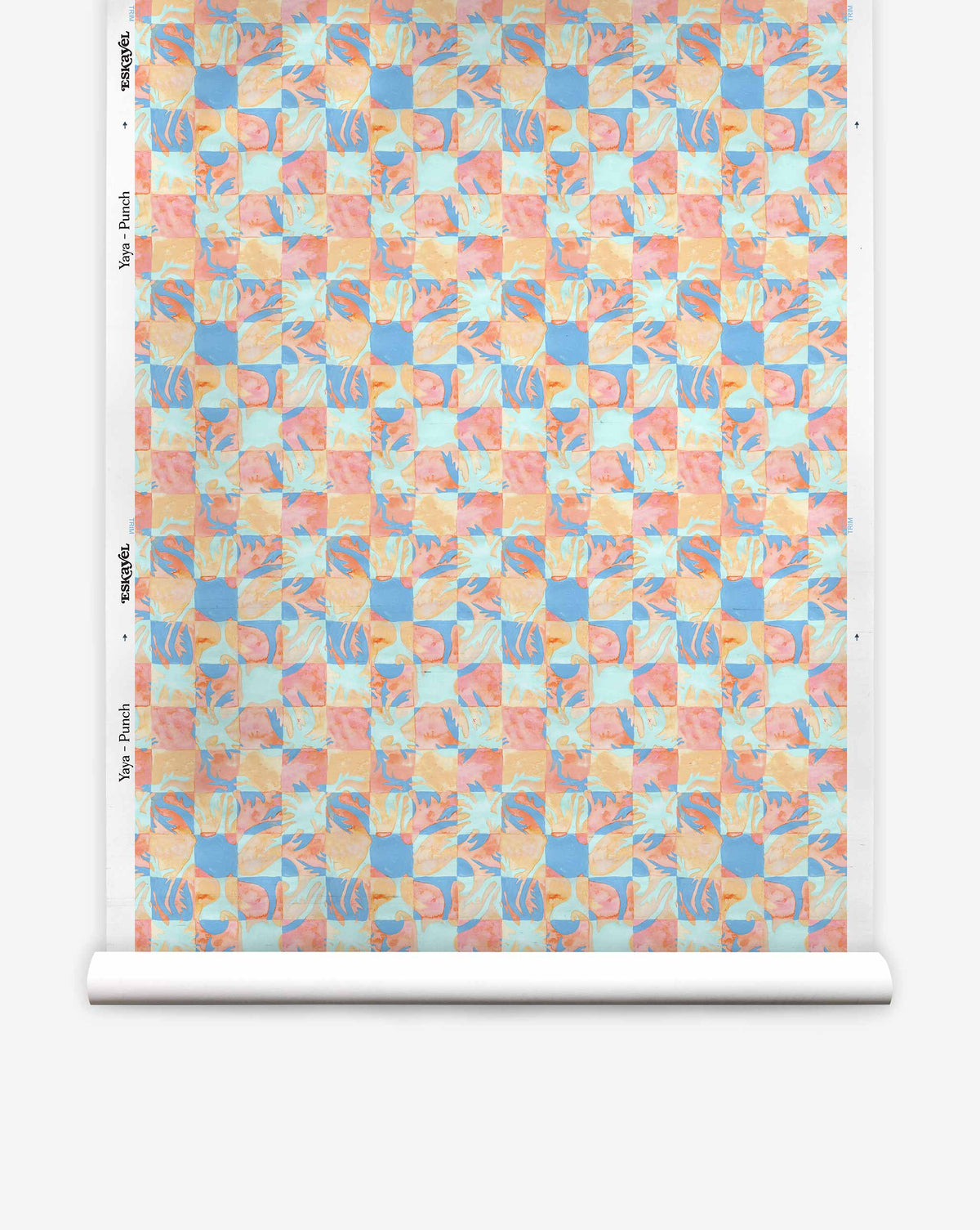 Yaya Silk Wallcovering in Punch, a paper-backed silk wallpaper with a repeating grid of squares featuring blue, pink, and orange abstract organic shapes.