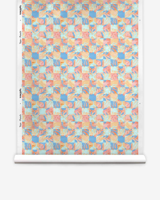 Yaya Silk Wallcovering in Punch, a paper-backed silk wallpaper with a repeating grid of squares featuring blue, pink, and orange abstract organic shapes.