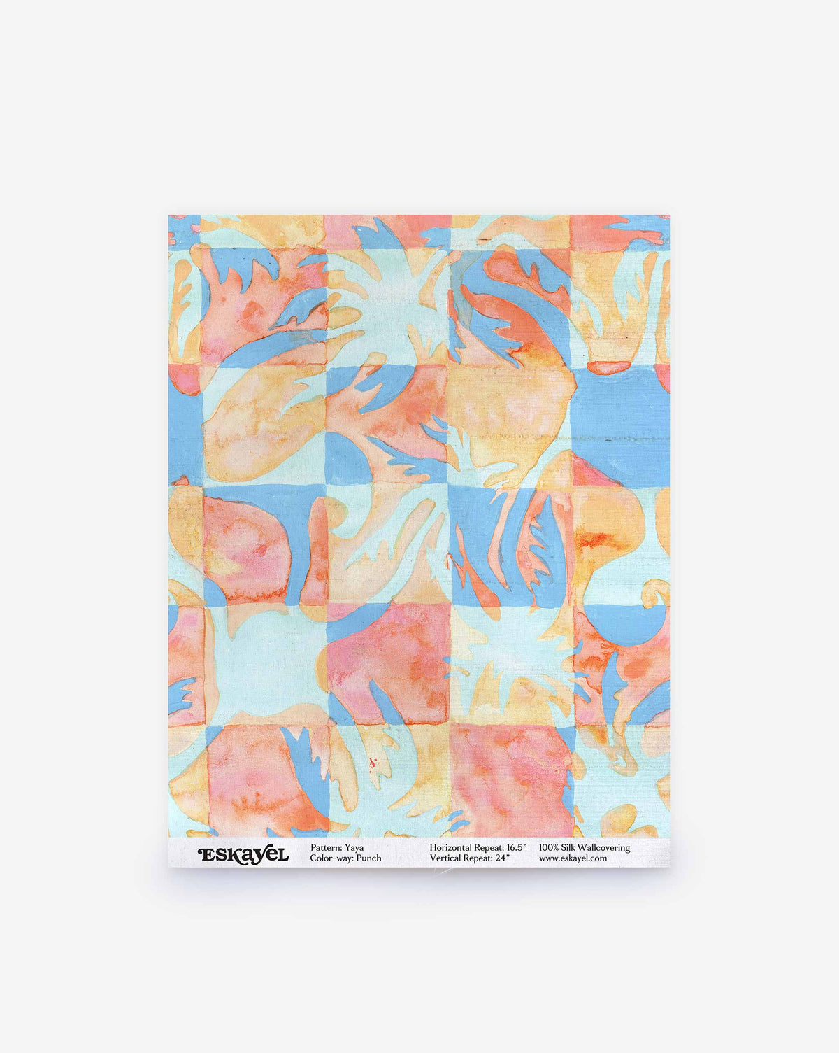 Yaya Silk Sample in Punch wallcovering swatch featuring a checkered pattern of light blue and watercolor-style coral, orange, and gold abstract floral shapes.