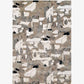 An abstract rectangular rug with a modern geometric pattern in beige, white, gray, and black, shown flat against a light gray background.