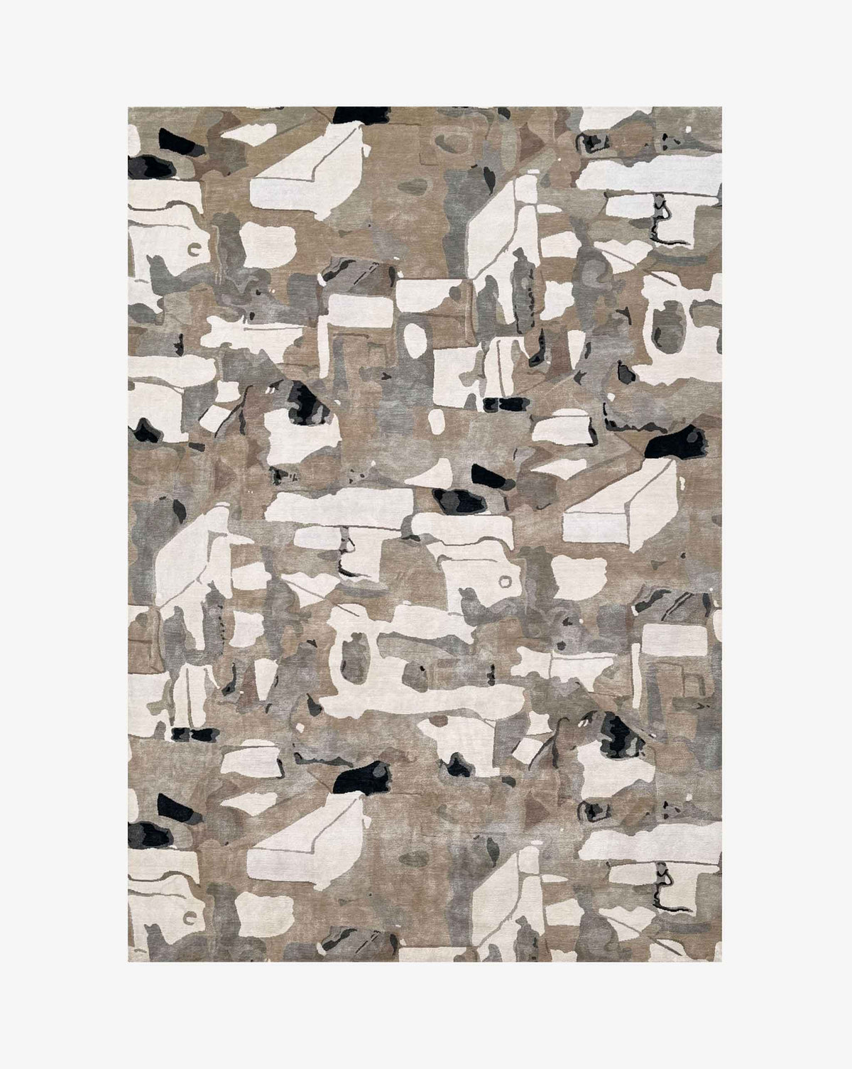 An abstract rectangular rug with a modern geometric pattern in beige, white, gray, and black, shown flat against a light gray background.