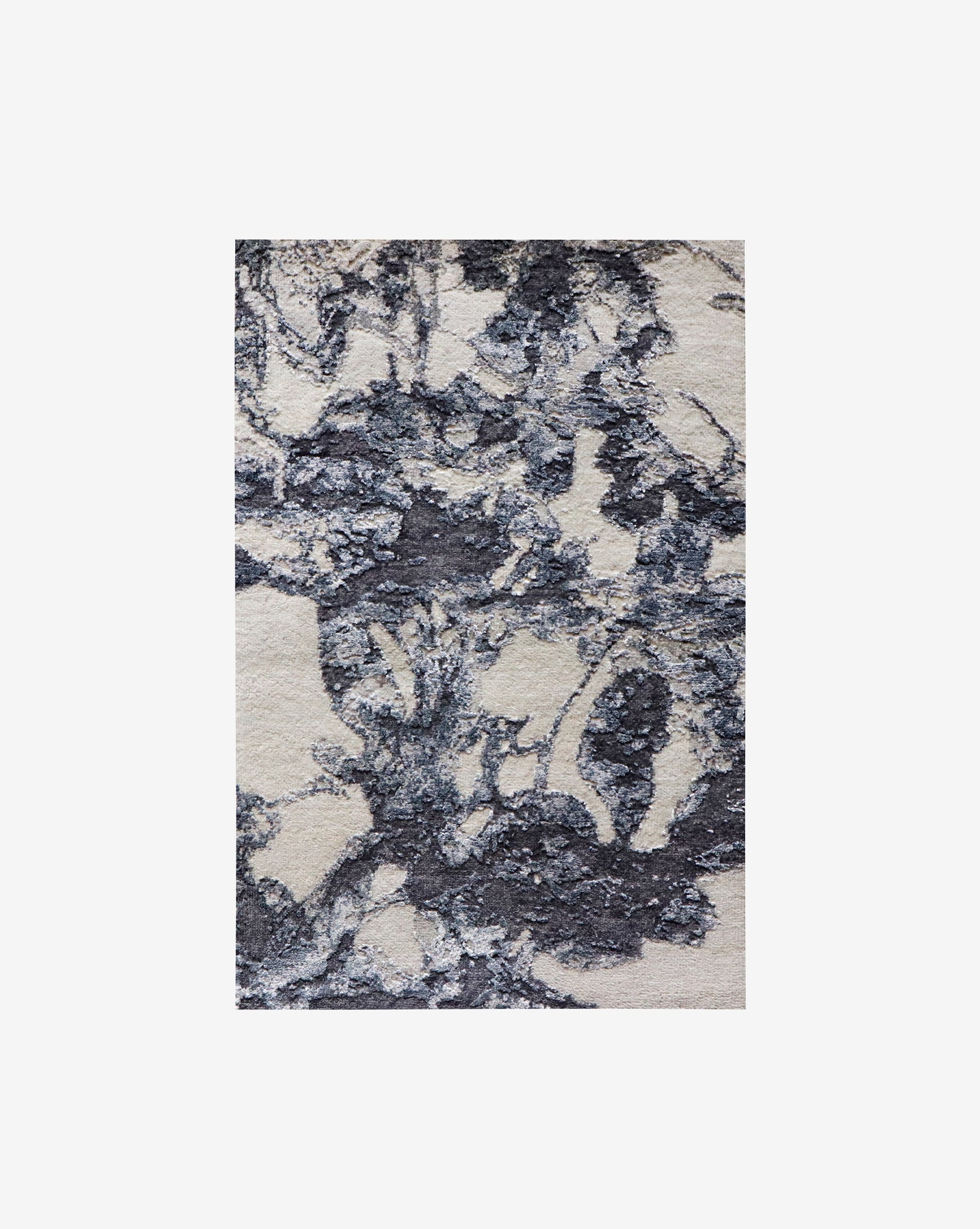A black and white Up For Anything Persian Knot Rug 2' x 3' Olive, made from silk and wool materials, featuring an abstract botanical pattern