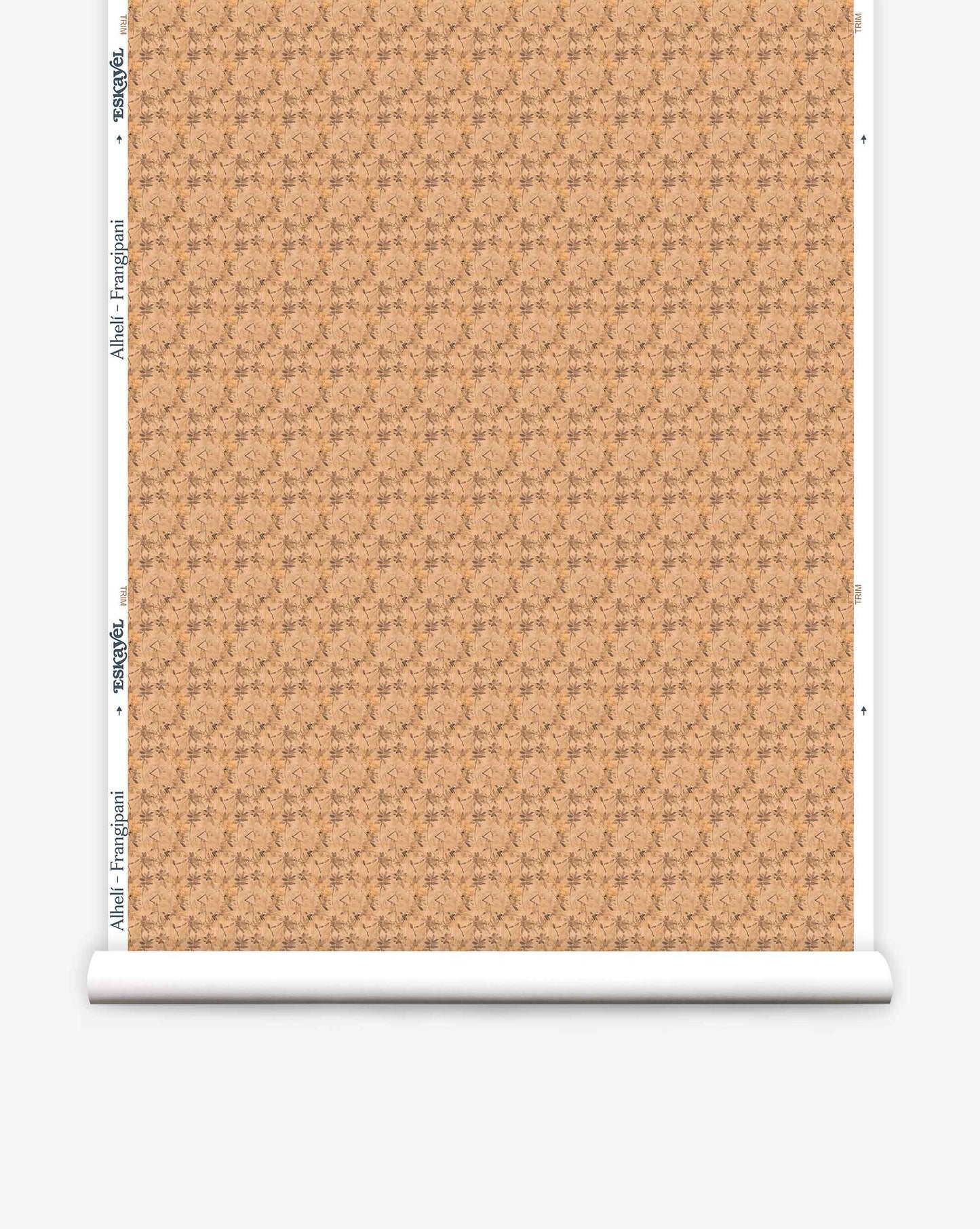 A roll of Eskayel’s Alhelí wallpaper, a tiny repeating pattern inspired by tropical living, in the beige-based colorway Frangipani.