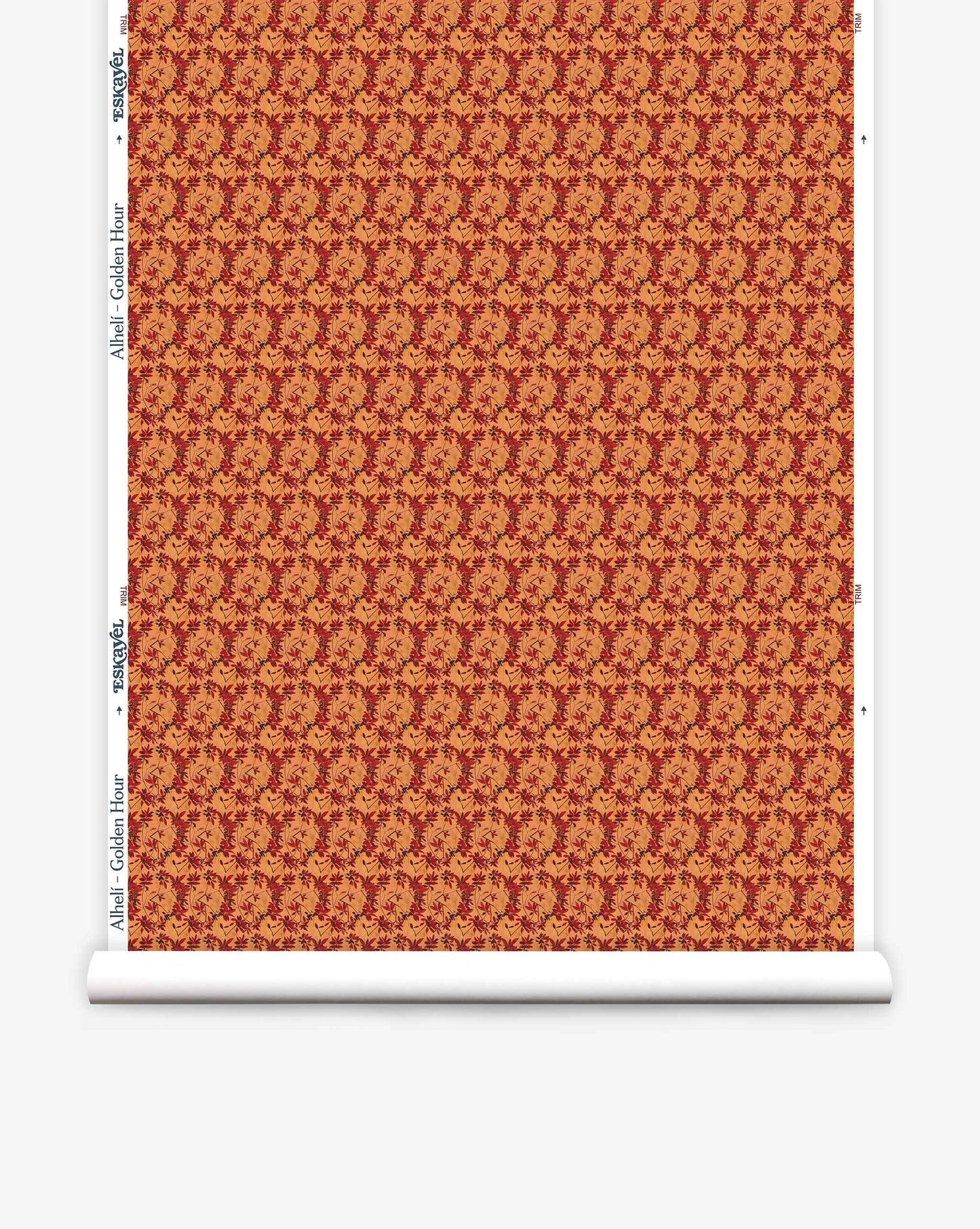 A roll of Eskayel’s Alhelí wallpaper, a tiny repeating pattern inspired by tropical living, in the orange-based colorway Golden Hour.