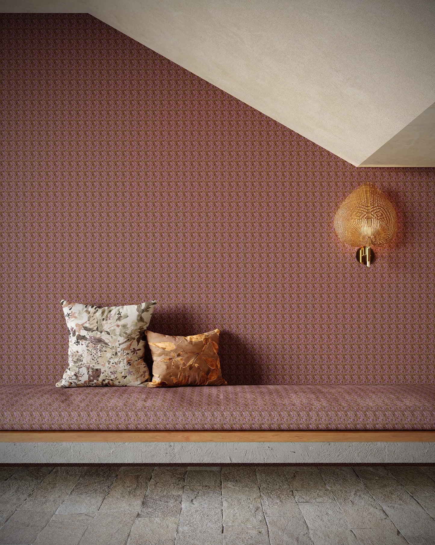 Alhelí Wallpaper Rubra — watercolor design of a tiny repeating pattern of tree leaves contrasting against a background field of color in a brown-based palette | Eskayel