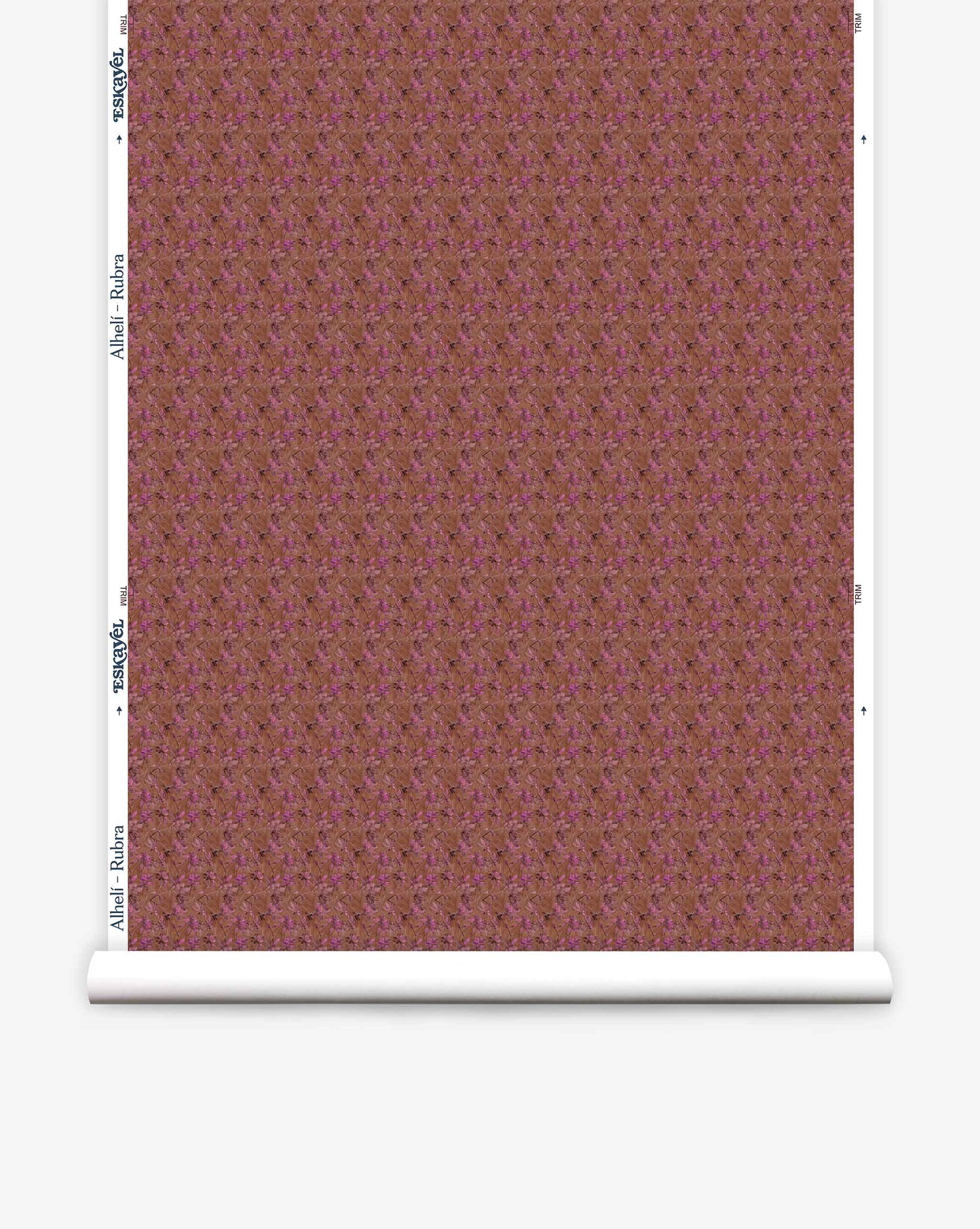 Wallpaper roll image of watercolored Alhelí Rubra, a tiny repeating pattern inspired by tropical living, in the brown-based colorway | Eskayel