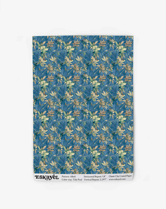 Wallpaper swatch of Alhelí Tide Pool wallpaper, a tiny blue-based repeating pattern inspired by tropical living | Eskayel