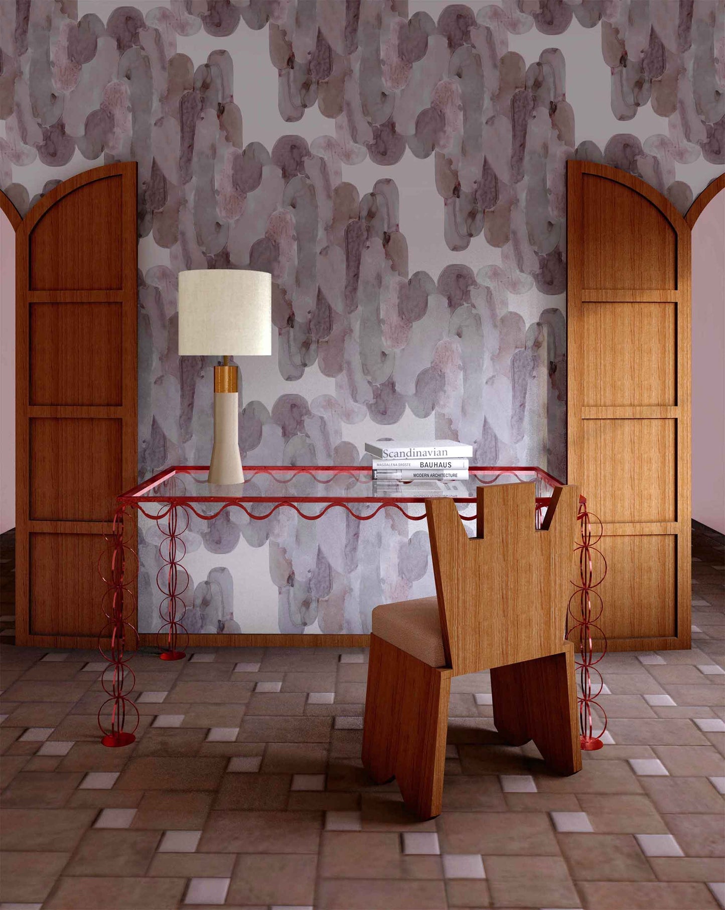 A room with a desk and chair adorned with luxurious Arcos Wallpaper - Pomegranate coated wallpaper