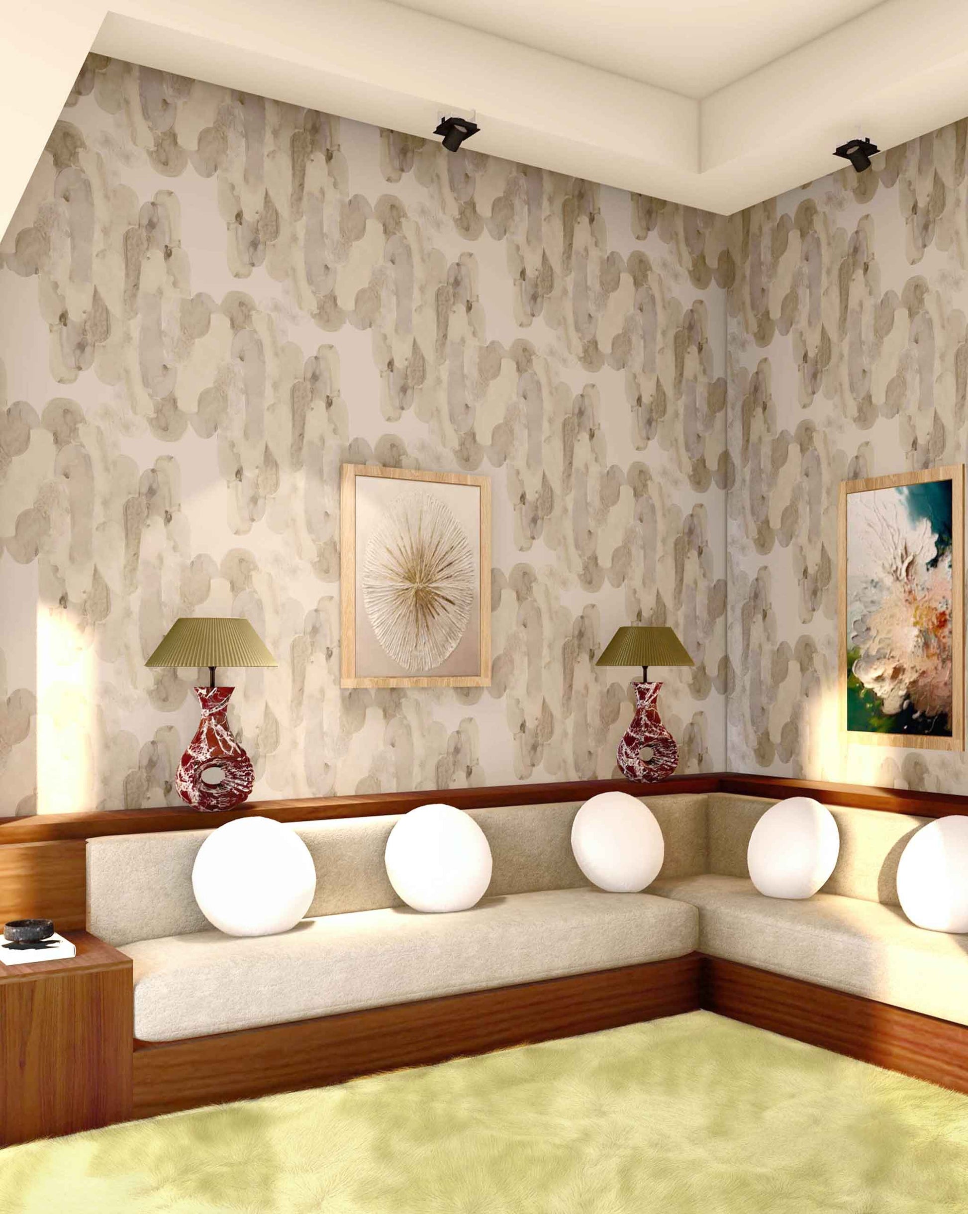 A 3d rendering of a living room with Arcos Wallpaper Sol coated wallpaper