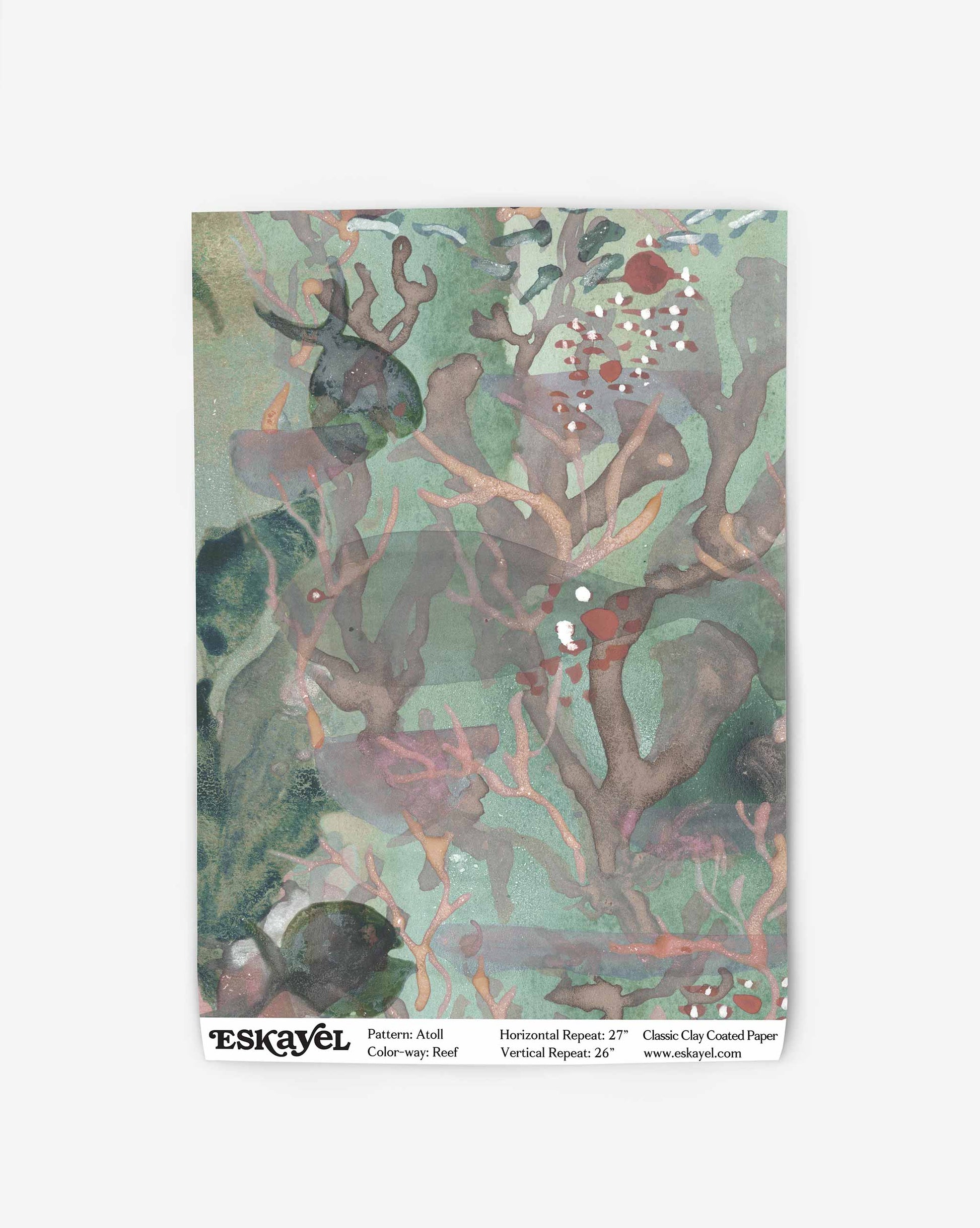 Watercolor painting of abstract coral and seaweed in green and brown tones, evoking the underwater world in our Atoll Wallpaper in the color-way Reef.